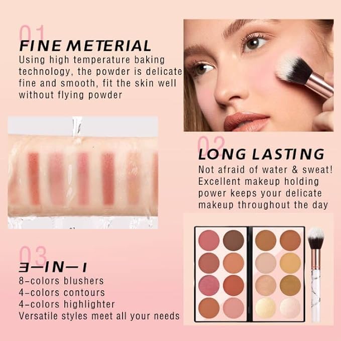 16 Colors Blush Contour Highlighter Makeup Palette with Brush, Matte Mineral Face Blush Powder for Cheek, Bright Shimmer Illuminator Bronzer Professional Facial Beauty Makeup Blushes Set-VivaGrace Women