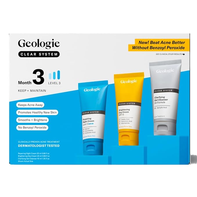 Geologie Clear System | 3-Step Acne Treatment & Skincare Set | Clears Skin Fast | Acne Gel Cleanser, SPF15 Day Cream & Retinol Face Cream For Men & Women | Month 1 / Level 1-VivaGrace Women