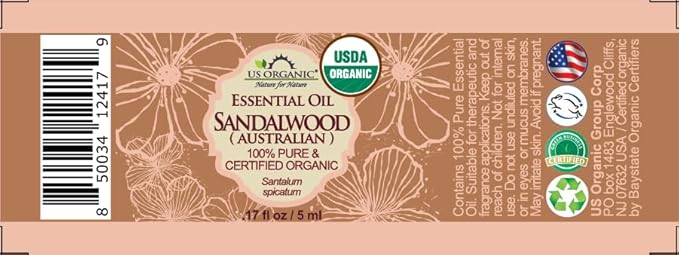 US Organic 100% Pure Sandalwood Essential Oil, USDA Certified Organic, Steam Distilled, Santalum Spicatum, Premium Quality, Woody Scent, Ideal for Diffuser, Massage & Skincare, from Australia (5 ml)-VivaGrace Women