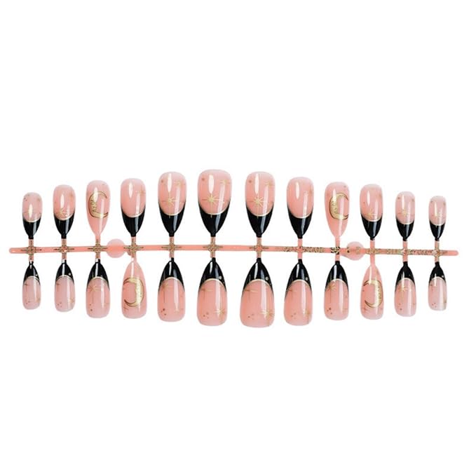 Gold Moon Star Press on Nails Medium Almond Fake Nails with Design Black French tips Glue on Nails Glossy Spring Nails Reusable Summer Fall False Nails for Women Girls Manicure 24pcs