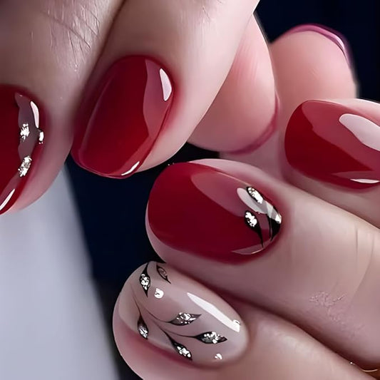 Red Press On Nails Short Square, Leaf Glitter Design Short False Nails, Reusable Stick On Fake Nails with Glue For Women, 12Sizes-24Salon Quality Nail Kit, Gift for Woman