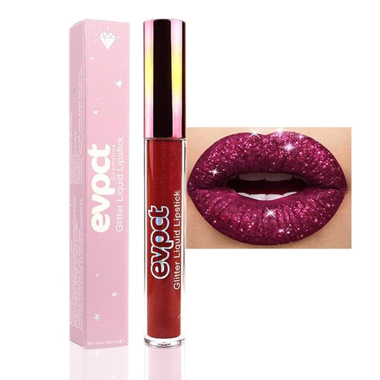evpct 1Pcs Dark Red Glitter Metallic Shimmer Diamond Lipstick Lip Gloss Stain Set for Women Long Lasting Waterproof, Hot Bright Red Sparkle Glitter Matte long wear Liquid Lipstick Lip Makeup Kit-VivaGrace Women