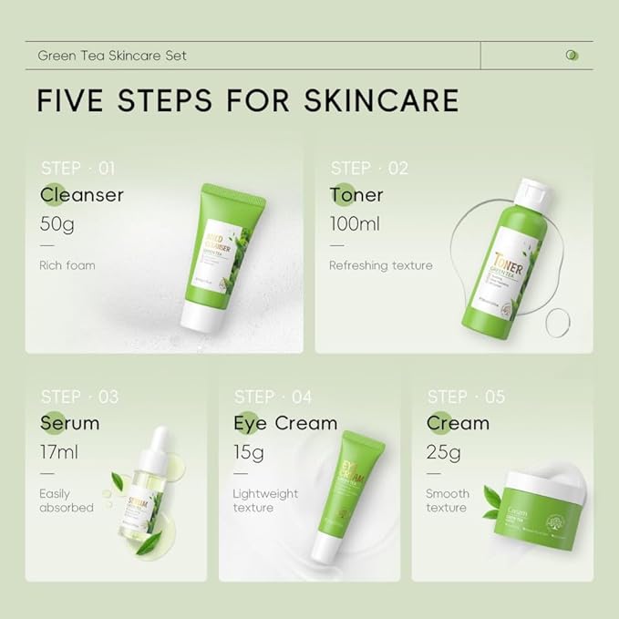 Skin Care Set, Green Tea Skin Care Sets & Kits, Skin Care for Teenage Girls Gift Set with Cleanser, Toner, Serum, Eye Cream, Facial Cream, Facial Skin Care Sets & Kits for Teenage Girls Women-VivaGrace Women
