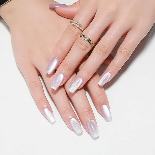 Summer Press On Nails, Cat Eye Medium Coffin Press On Nails, Crystal Glow Design Light Purple Magnetic Nails, Ice Glossy Gel Fake Nails, Reusable Acrylic Stick On Nails for Women, Sugar Frost