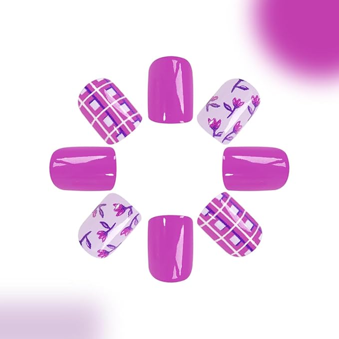 24Pcs Purple Flower Press on Nails Short Square Fake Nails Purple Floral Checkerboard Stripe Designs Press Ons Full Cover Glossy Glue on Nails Purple False Nails Reusable Coffin Nails for Women Girls