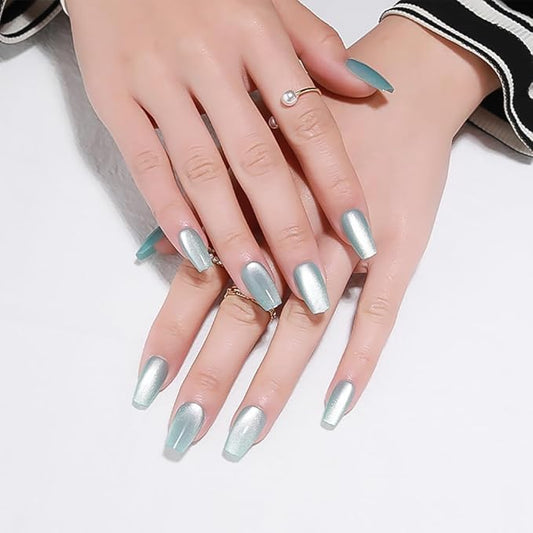Light Blue Press On Nails Medium, Cat Eye Coffin Press On Nails with Crystal Glow Design, Fashion Gel Fake Nails, Reusable Coffin Fake Nails, Stick On Nails for Women, Crystal Frost