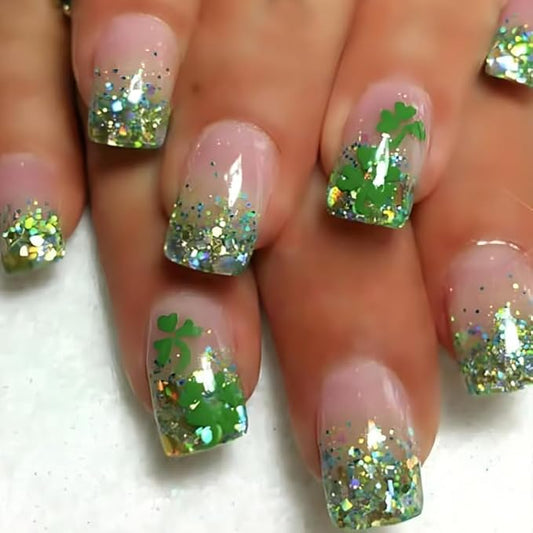 Short Square ABS Plastic French Tip Glitter False Nails, 24 Pack (1 Set), Green, 1 Fl Oz, Kit, Full Well Tips, Butterfly Pattern, Press-On-False-Nails