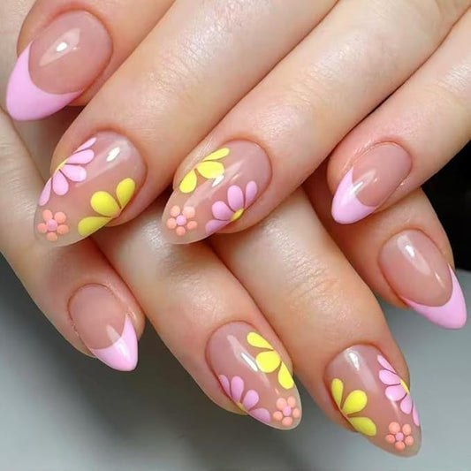 24Pcs Pink French Tip Press on Nails Yellow Pink Flower Fake Nails Cute Summer Stick on Nails Medium Almond False Nails Full Cover Glossy Stick on Nails Acrylic Nails for Women Girls