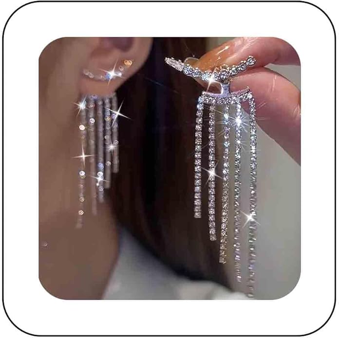 Vintage Rhinestone Chandelier Drop Earrings Crystal Ear Climber Earrings Long Tennis Chain Earrings Silver Cz Tennis Chain Tassel Earrings Jewelry for Women-VivaGrace Women