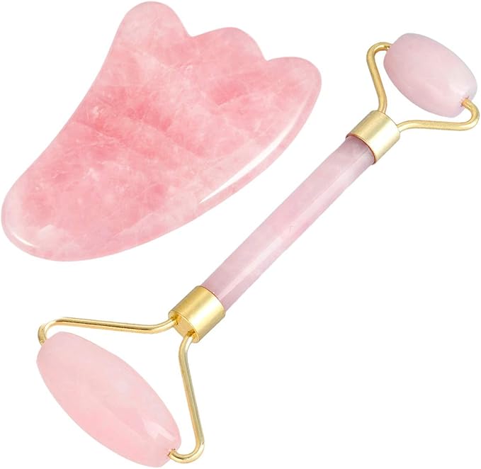 mookaitedecor Rose Quartz Roller & Gua Sha Tool for Face and Neck Massage, Facial Massager for Anti Aging-VivaGrace Women