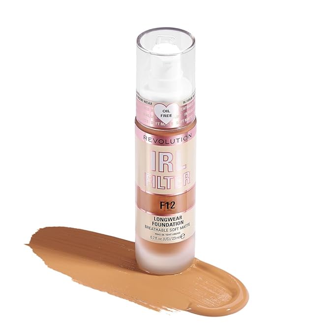 Revolution Beauty, IRL Filter Longwear Foundation, Soft & Breathable Formula, Medium to Full Coverage, Matte Finish, F12, 0.7 Fl. Oz-VivaGrace Women