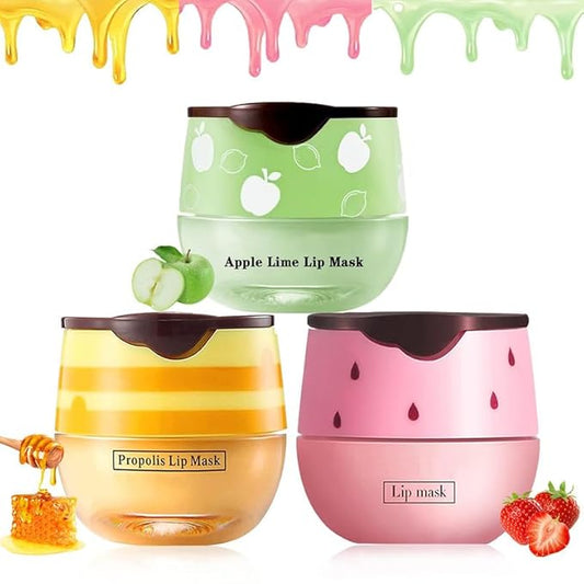 3PCS Bee Lip Balm Honey Pot,Honey&Apple Lime Lip Mask Overnight Moisturizing Lip Balm,Hydrating Prevention Dry and Cracked Reduces Lip Lines Lip Sleeping Mask (Honey+Strawberry+Apple Lime)-VivaGrace Women