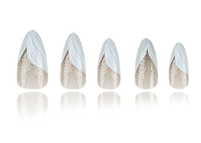 Almond Press on Nails White French Tip Fake Nails Medium False Nails with Silver Glitter Designs Almond Nail Press ons Nude Full Cover Glue on Nails Cute Stick on Nails for Women 24Pcs