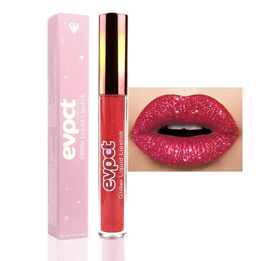 evpct 1Pcs Hot Bright Red Glitter Metallic Shimmer Diamond Lipstick Lip Gloss Stain Set for Women Long Lasting Waterproof, Dark Red Sparkle Glitter Matte long wear Liquid Lipstick Lip Makeup Kit-VivaGrace Women