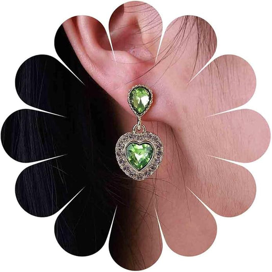 Vintage Emerald Heart Earrings Emerald Cz Teardrop Earrings Rhinestone Heart Drop Earrings Green Gemstone Stud Earrings Jewelry for Women(Green)-VivaGrace Women