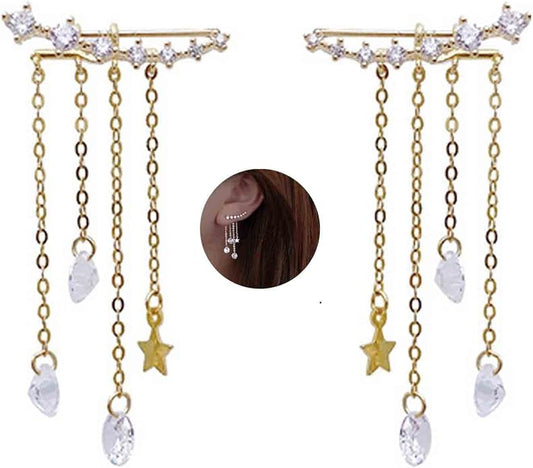 Boho Star Ear Jacket Earrings Gold Cz Star Ear Climber Earrings Crystal Chain Tassel Earrings Crystal Ear Crawler Long Chain Earrings Jewelry for Women and Girls Gifts-VivaGrace Women