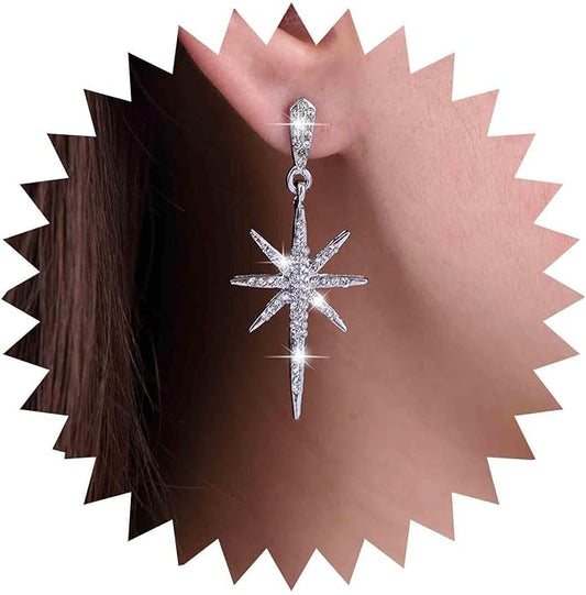 Vintage Crystal Northstar Dangle Earrings Rhinestone Northstar Studs Earrings Gold Cz Star Drop Earrings Sparkly Cz Starburst Earrings Jewelry for Women-VivaGrace Women