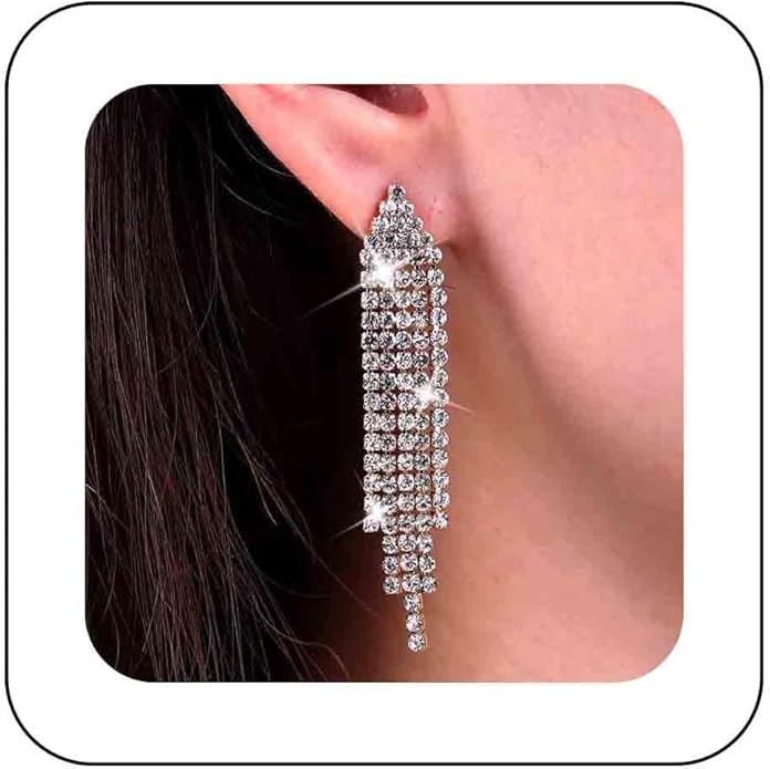 Vintage Rhinestone Chandelier Tassel Earrings Crystal Chain Drop Earrings Gold Long Tennis Chain Earrings Shine Chandelier Bridal Earrings Jewelry for Women-VivaGrace Women