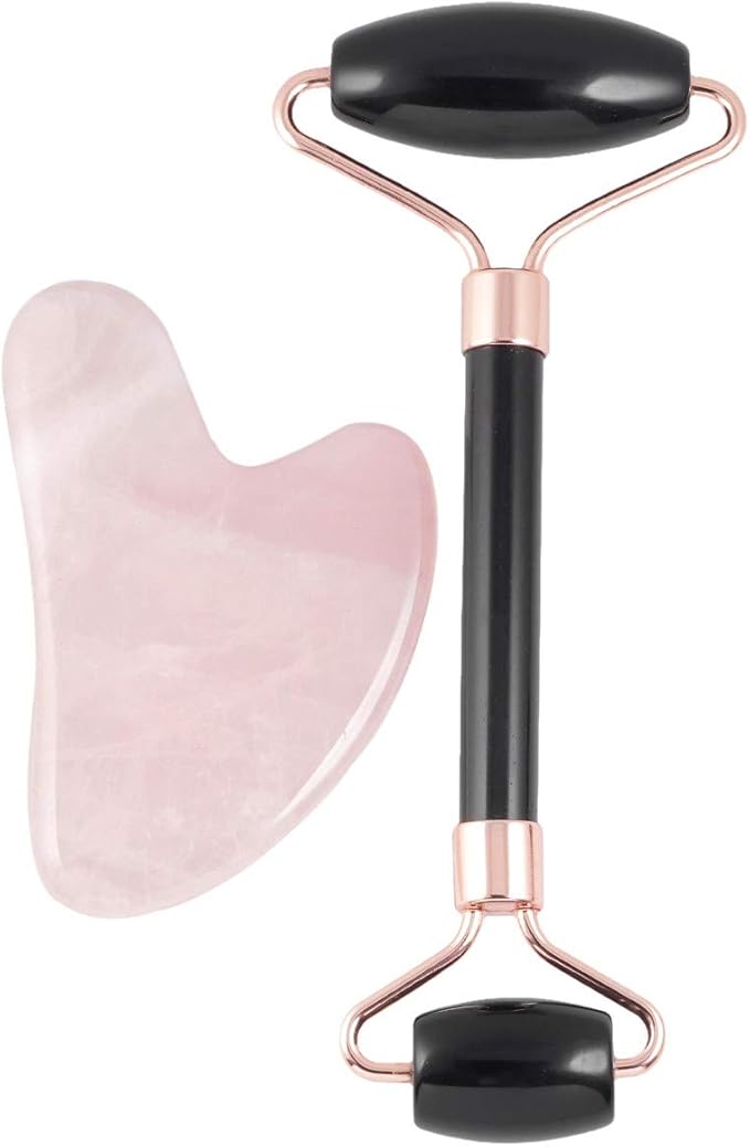 Rockcloud Natural Crystal Jade Roller and Gua Sha Scraping Set Massager Tool for Anti Aging Beauty Neck Body Reduce Wrinkles Facial Massager Therapy Black Obisidian and Rose Quartz Crystal Stone-VivaGrace Women