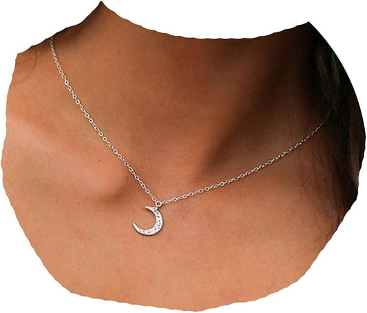 Boho Rhinestone Moon Necklace CZ Crescent Pendant Necklace Chain Minimalist Necklace Festival Jewelry for Women and Teen Girls-VivaGrace Women