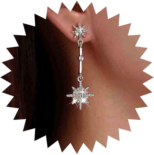 Vintage Crystal Starburst Drop Earrings Long Rhinestone Northstar Earrings Gold Cz Star Dangle Earrings Cz North Star Stud Earrings Jewelry for Women-VivaGrace Women