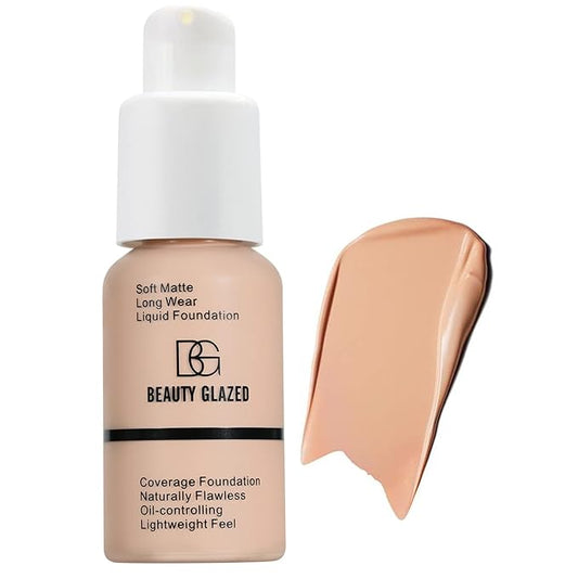 Beauty Glazed Soft Matte Silky Full Coverage Liquid Foundation, Multi-Use Buildable Foundation Lightweight Feel Oil Control Longwear Naturally Flawless Coverage Foundation (103 Warm Peach)-VivaGrace Women