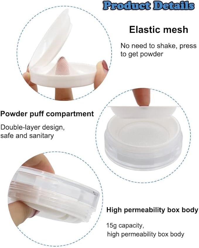 AKOAK Capacity 15ml(0.5 oz) No Leaks Empty Reusable Plastic Loose Powder Compact Container DIY Makeup Powder Case with Sponge Powder Puff, Elasticated Net Sifter and Threaded Screw Lid (White)-VivaGrace Women