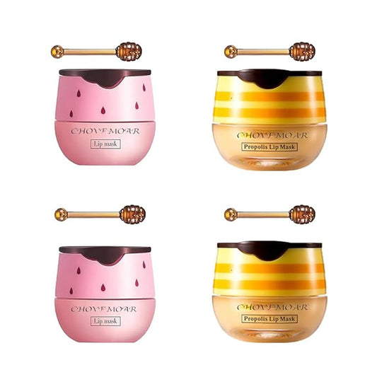 4PCS Nourishing Bee Lip Balm Honey Pot, Honey & Strawberry Lip Mask Moisturizing Lip Balm with Brush, Hydrating & Prevention Dry and Cracked Lips Reduces Lip Lines Lip Care Product-VivaGrace Women