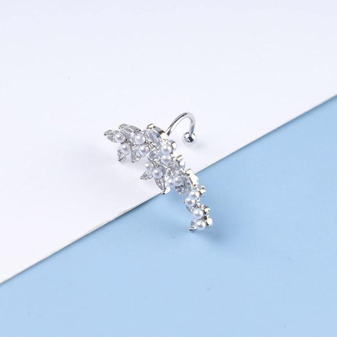 Vintage Crystal Pearl Ear Cuff Earrings Rhinestone Butterfly Cuff Wrap Earrings Cz Butterfly Ear Climber Cuff Earrings Silver Pearl Cz Non Piercing Earring Jewelry for Women(Left)-VivaGrace Women