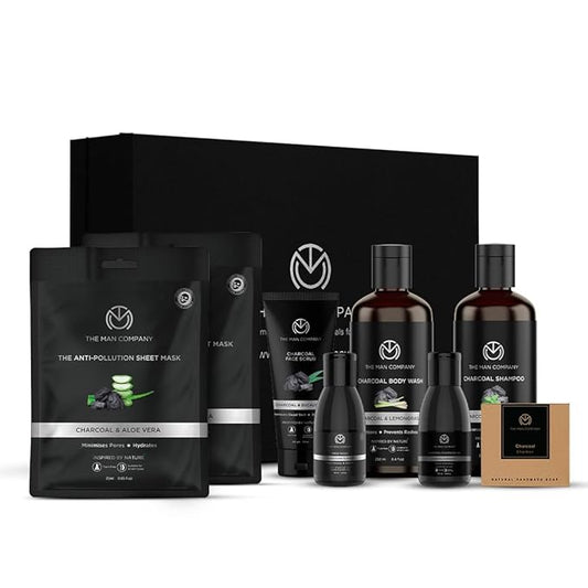 The Man Company Ultimate Charcoal Detan Kit with Elegant Gift Box | Charcoal Body wash, Shampoo, Face Scrub, Face wash, Charcoal Soap, Cleansing gel, Charcoal Sheet mask*2 (Set of 8)-VivaGrace Women