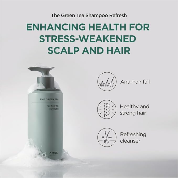 AMOS PROFESSIONAL The Green Tea Shampoo Refresh for Thinning Hair, Korean Shampoo for Oily Scalp l Deep Cleans, Strengthening Hair, All Hair Types, 16.9 fl.oz-VivaGrace Women