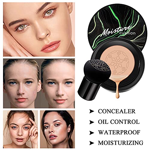 Mushroom Head Air Cushion CC Cream Natural Foundation,Phoera Powder, Bright Makeup Base Long Lasting with Makeup Sponge and Flat Top Kabuki Foundation Brush (# 02 Natural)-VivaGrace Women