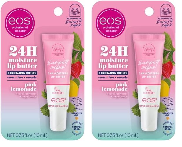 eos Sunset Sips Lip Butter Tube- Pink Lemonade, 24-Hour Moisture, Overnight Lip Mask, Lip Care Products, 0.35 fl oz (Pack of 2)-VivaGrace Women