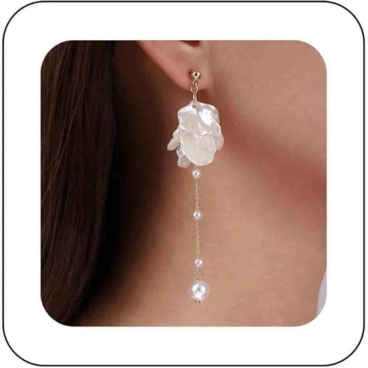 Vintage Pearl Flower Drop Earrings Long Pearl Chain Earrings Gold Pearl Tassel Earrings White Flower Dangle Earrings Jewelry for Women-VivaGrace Women