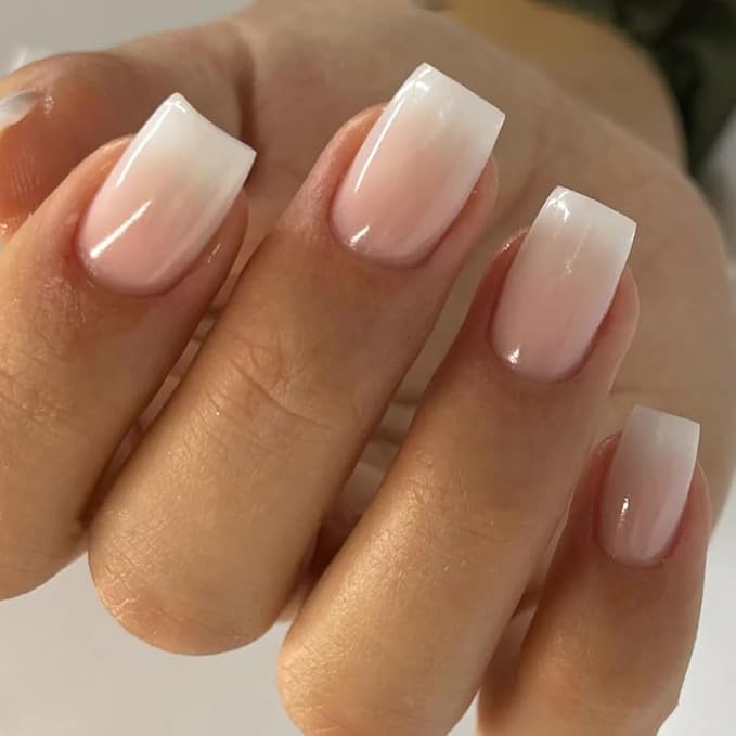 Curvlife Press on Nails Acrylic Fake Nails with Design Full Cover False Nails Reusable Nail Kit with Nail Glue Adhesive Tabs Nail File Artificial Glue on Nails (Square Gradient White, 30pcs)
