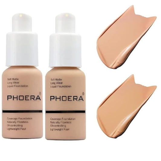 2 Pack PHOERA Foundation 103# Warm Peach and 104# Buff Beige, Flawless Soft Matte Liquid Foundation,24 HR Full Coverage Mattle Oil-Control Foundation Makeup.-VivaGrace Women