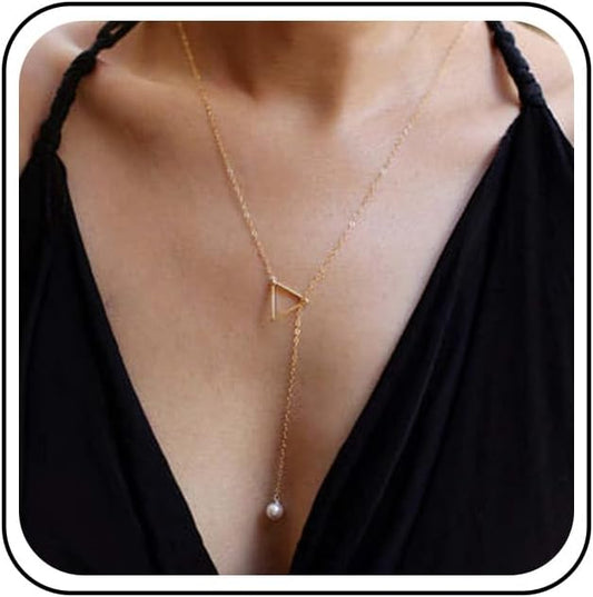 Boho Pearl Triangle Necklace Gold Y Pearl Necklace Minimalist Y Lariat Necklace Geometry Chain Jewelry for Women and Girls-VivaGrace Women