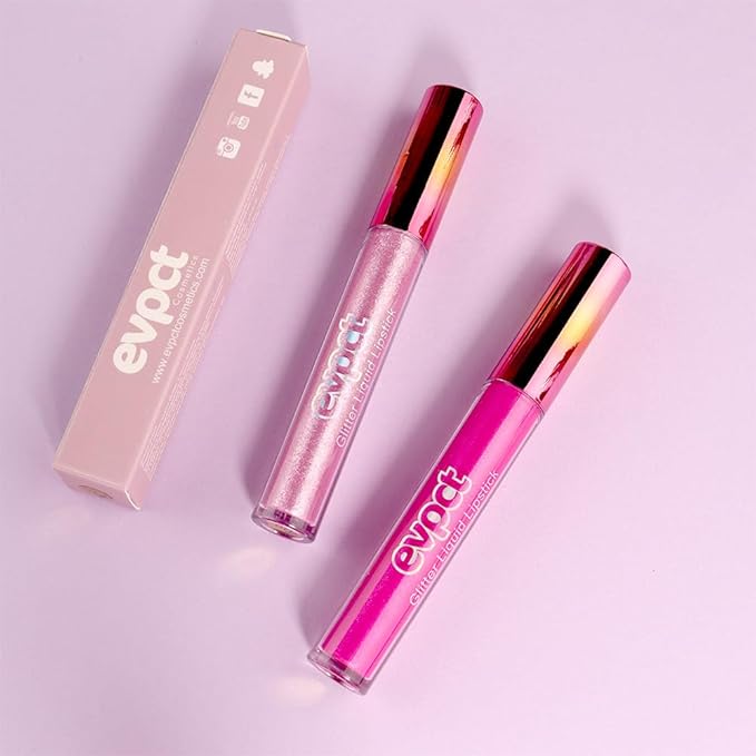 evpct 2Pcs Rose & Hot Pink Glitter Metallic Shimmer Diamond Lipstick Lip Gloss Set for Women Long Lasting Waterproof, Light Bright Rose Pink Sparkle Glitter Matte Liquid Lipstick Lip Makeup Kit-VivaGrace Women
