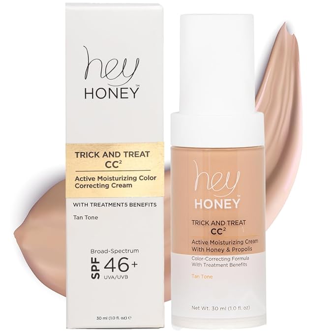 Hey Honey Trick and Treat CC² Cream SPF 46 | Active Moisturizing Color Correcting Cream with Honey & Propolis | Best Cover For Rosacea, Skin Redness & Mature Skin | 1 oz (Tan Tone)-VivaGrace Women