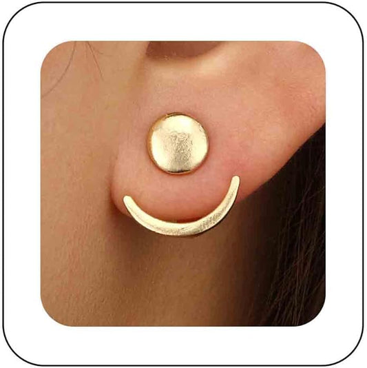 Boho Moon Ear Jackets Earrings Crescent Moon Stud Earrings Gold Sun Moon Earrings Minimalist Double Sided Round Earrings Jewelry for Women-VivaGrace Women