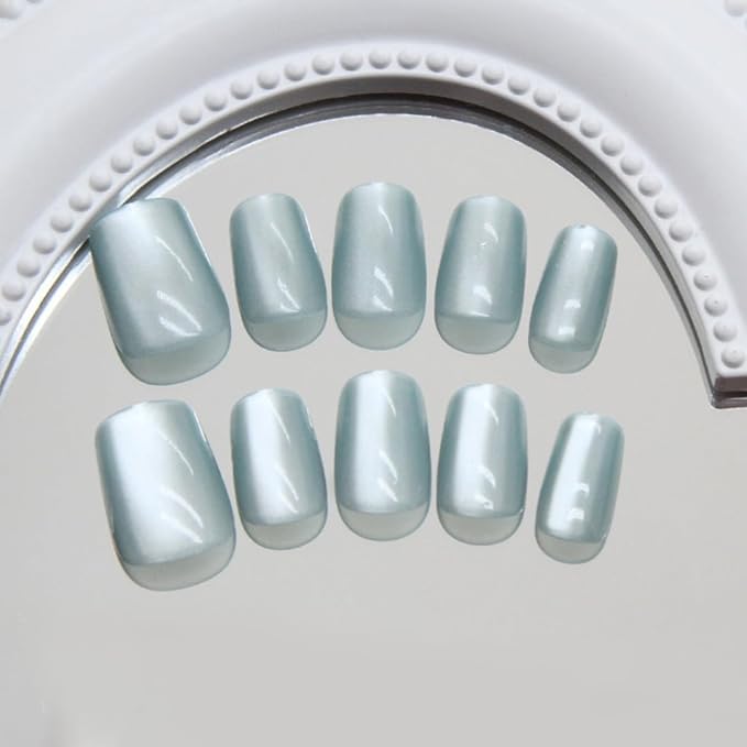 KQueenest Light Green Cat Eye Press on Nails Short Coffin, 30 Pcs Glitter Fake Nails Press ons, Acrylic Glue on Nails Shiny Sparkle False Nails Reusable Stick on Nails for Women Daily Wear