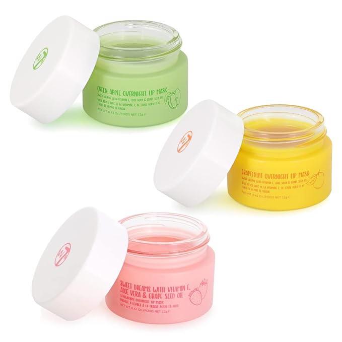 W7 Sweet Dreams Overnight Lip Mask Trio - Strawberry, Apple & Grapefruit Flavor 3 Pack - Vitamin E, Aloe Vera and Grape Seed Oil - For Hydrated, Full Looking & Irresistible Lips-VivaGrace Women