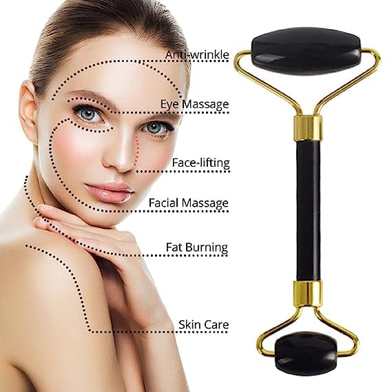 Black Obsidian Jade Facial Roller & Gua Sha Set 100% Natural Source from Highest Altitude of Himalayan Two-Sided Face Neck Massager Stone Beauty Tool-VivaGrace Women