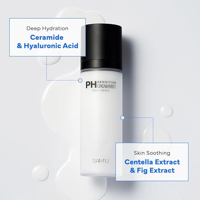 SAM'U PH Sensitive Cream Mist, Centella Face Mist, Hypoallergenic Facial Spray with Hyaluronic Acid & Ceramide, Hydrating & Quick Absorbing, Korean Skin Care for Dry & Sensitive Skin, 3.38 Fl. Oz
