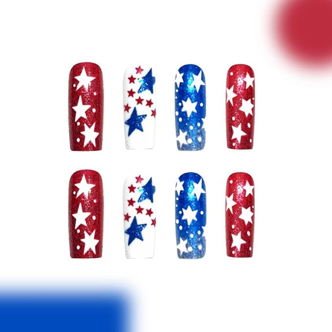 Independence Day Press on Nails Medium Square Fake Nails with White Star Design Red Blue Glitter Stick on Nails Summer False Nails Glossy 4th of July Acrylic Nails for Women Girls Manicure 24Pcs