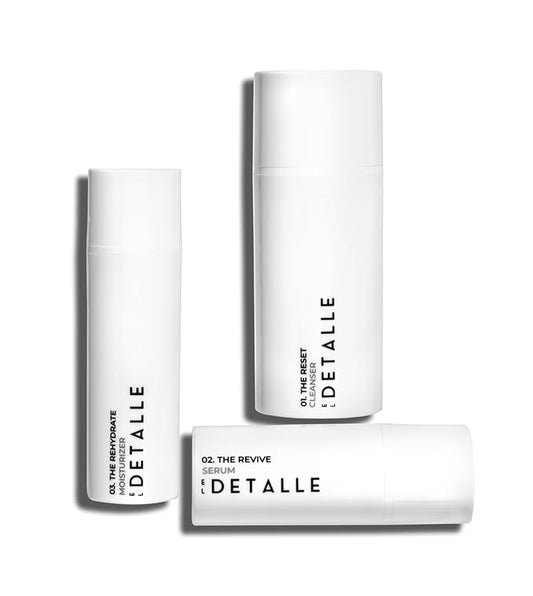 El Detalle - The Regimen - 3 Step Set | Men's simple and effective skin care, Includes: The Reset Cleanser, The Revive Serum, The Rehydrate Moisturizer, Suitable for all skin types; One-pump solution-VivaGrace Women