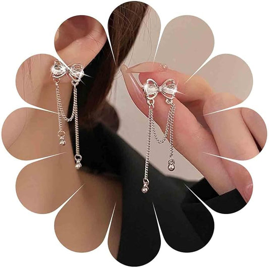 Vintage Crystal Bow Earrings Rhinestone Chain Drop Earrings Silver Long Chain Dangle Earrings Long Tassel Chain Earrings Jewelry for Women-VivaGrace Women