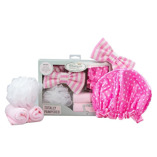 The Vintage Cosmetic Company Totally Pampered Kit, Collection Includes Make Up Headband Body Polisher Shower Cap and Make Up Removing Cloths, Relax and Pamper Gift Set, Pink Design-VivaGrace Women