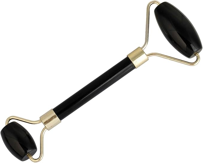 Rockcloud Natural Crystal Stone Roller Massager Double Neck Face & Neck Massage Therapy Anti-Aging Wrinkle Healing Slimming Skincare Tool,Black Obsidian-VivaGrace Women