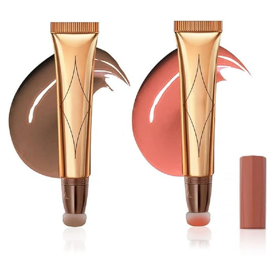 2 Color Contour Beauty Wand, Highlighter ，Face Concealer Contouring with Cushion Applicator Long Lasting & Smooth Matte Finish Liquid Illuminator Makeup Stick (01# Contour&02#Peach Pink)-VivaGrace Women